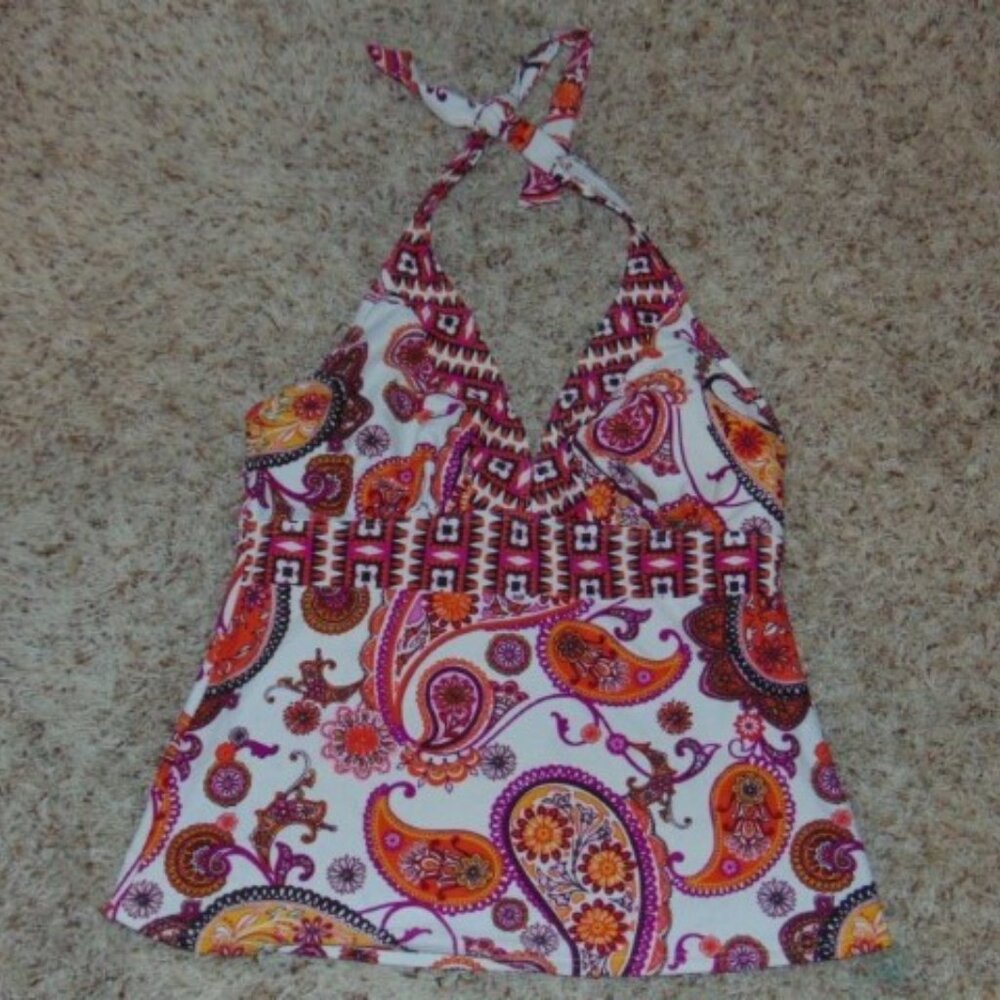 Sonoma Tankini Swimsuit Womens 10 Orange & White Paisley Halter Padded Swim Top